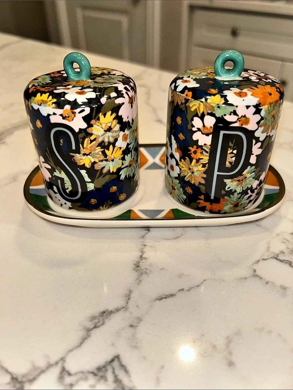 Anthropologie Dagny Salt & Pepper Shakers Floral Blue & Green